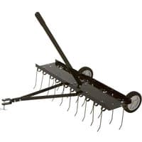 Greenworks 121cm Tine De-Thatcher with black metal frame, adjustable handle, and dual wheels.