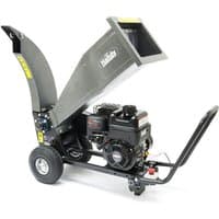 Black Handy 6.5HP petrol chipper/shredder with large hopper, two wheels, and sturdy handle.