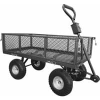 Black Handy Garden Trolley with mesh sides, four large rubber wheels, and a padded handle for easy maneuvering.