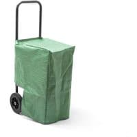 Green Handy log cart with black handle and wheels, covered with a fitted green cover.