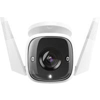 White TP-Link Tapo outdoor security camera with dual antennas and a black lens in the center.