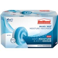 UniBond Aero 360 Moisture Absorber Neutral Refill Tab 4 Pack with blue circular tabs and anti-moisture label.