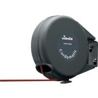Black Vileda Cordomatic retractable clothesline with red line and wall-mount bracket.