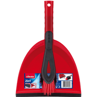Red Vileda dustpan with black rubber edge and matching broom with red bristles and black handle.