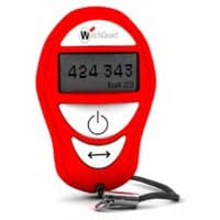 Red WatchGuard AuthPoint hardware token with digital display, power button, and keychain attachment.