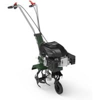 Green Webb petrol tiller with black engine, dual handles, and four metal tines for soil cultivation.