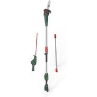 Green Webb cordless hedge trimmer and pruner with long reach pole, red accents, 2Ah battery, and charger.