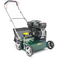 Green Webb 40cm petrol scarifier with 212cc engine, black handle, and four grey wheels.