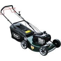 Webb 48cm 4-wheel self-propelled rotary lawnmower with alloy deck, black grass collector, and red handle.