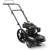 Black Webb 56cm petrol wheeled line trimmer with large rear wheels and a sturdy metal frame.