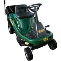 Green Webb ride-on lawnmower with black seat, steering wheel, collector, and hydrostatic drive.