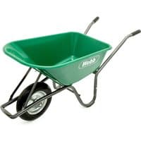 Green Webb wheelbarrow with 90-litre poly body, black puncture-proof wheel, and metal handles.