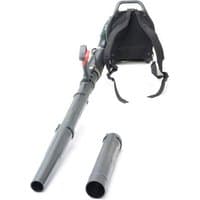 Webb BPB33 33cc petrol backpack blower with black straps, green engine casing, and detachable black nozzle.