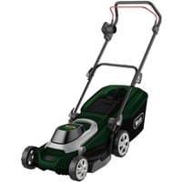 Green and black Webb rotary lawnmower with rear roller, 37cm cutting width, and ergonomic handle.
