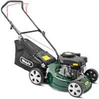 Green Webb petrol rotary lawnmower with 41cm cutting width, black handle, and rear grass collection bag.