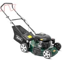 Green Webb 46cm self-propelled petrol rotary lawnmower with black grass collector and red handle accents.