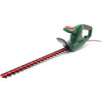 Green Webb EHT500 electric hedge trimmer with red 510mm blade and ergonomic handle, 500W, 230V power cord.