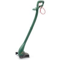 Green Webb ELT250 electric line trimmer with curved handle, red cord loop, and black cutting head.