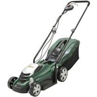 Green Webb ER33 33cm 1300W electric lawnmower with black handle, white accents, and rear grass collection bag.
