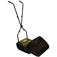 Green Webb H12R hand push cylinder lawnmower with black handles and roller, 31cm cutting width.