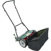Green Webb H18 hand push cylinder lawnmower with black handle, red blades, and a black grass collection bag.