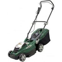 Green Webb WEER40 40cm 1800W lawnmower with black handle, large rear wheels, and grass collection bag.