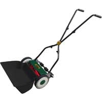 Green Webb WEH30 push lawnmower with black handles, 31cm cutting width, and rear grass collection box.