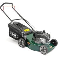 Green Webb petrol rotary lawnmower with black handle, 46cm cutting width, and rear grass collection bag.