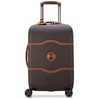 Brown cabin trolley suitcase with four double wheels, tan accents, and telescopic handle, 55cm by Delsey.