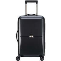 Black Delsey cabin spinner suitcase, 55cm, with textured surface, telescopic handle, and four wheels.