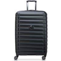 Black twill 75cm Delsey spinner suitcase with ribbed texture, telescopic handle, and four wheels.
