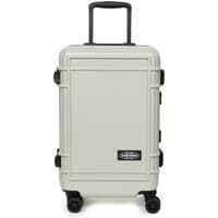 Sand-colored Eastpak Cabin Trolley Spinner Suitcase, 55x35x23 cm, with black handle and four wheels.