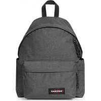Black denim Eastpak backpack with front pocket, zipper closure, and top handle, size 40x30x18 cm.