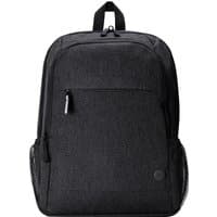 Black HP Prelude Pro 15.6-inch recycled backpack with front zip pocket and side mesh pockets.