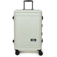 Sand-colored medium trolley spinner suitcase with black wheels and handle, rectangular shape, Eastpak logo on front.