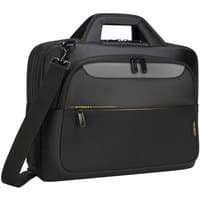 Black Targus Citygear Toploader bag with padded handles, shoulder strap, and multiple zippered compartments.