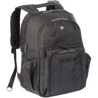 Black Targus backpack with multiple zippered compartments and padded shoulder straps, made of durable nylon material.