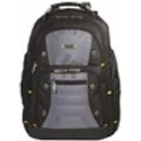 Black Targus Drifter 16" backpack with gray front panel, multiple compartments, and padded shoulder straps.