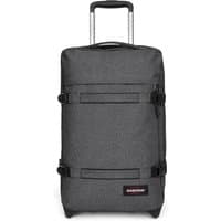 Black denim Eastpak suitcase with retractable handle, two wheels, and front zip pocket, 51x32.5x23 cm.