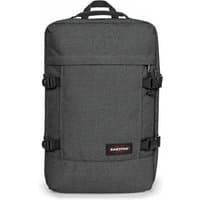 Black denim Eastpak travelpack with front pocket, side buckles, and top handle, 51x33x23 cm.