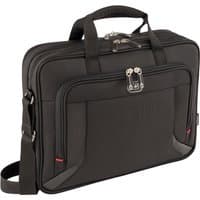 Black Wenger/SwissGear laptop briefcase with dual handles, shoulder strap, and front zip pocket with silver buckle detail.