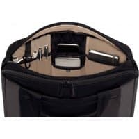 Black Wenger/SwissGear messenger case with beige interior, multiple pockets, and compartments for organizing items.