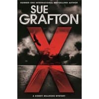 Book cover for "X" by Sue Grafton, featuring a large red "X" over a black and white stormy seascape.