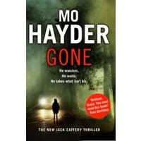 Book cover of "Gone" by Mo Hayder, featuring a foggy forest, silhouette of a person, and bold red title text.