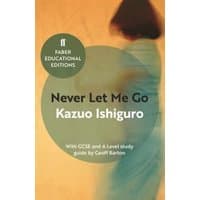 "Faber edition of 'Never Let Me Go' by Kazuo Ishiguro, blurred figure on cover, includes study guide by Geoff Barton"
