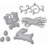 Set of silver metal cutting dies featuring a butterfly, rabbit, eggs, vine, and branch design.