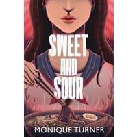 Book cover "Sweet and Sour" with woman holding chopsticks over a bowl of noodles, red and pink background.