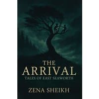 Dark cover book "The Arrival" by Zena Sheikh, featuring a silhouette of a tree with two figures sitting on branches.
