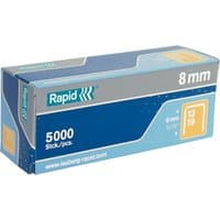 Blue and gray Rapid staples box, 5000 count, labeled 8mm, with branding and product details.