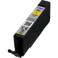 Black Canon CLI-581Y yellow ink cartridge with yellow label, QR code, and CE markings.